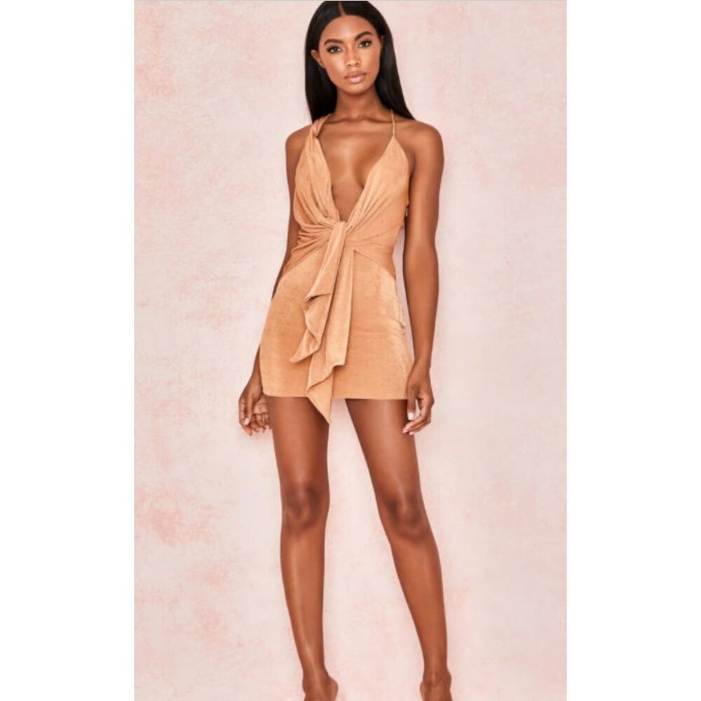 NWT House of CB Kiki Tan Mini Dress Plunge Deep V-Neck Ruffle Cocktail Large